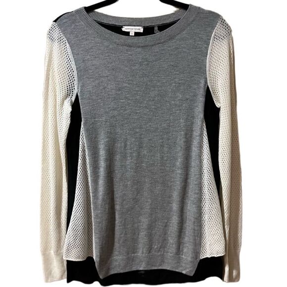 REBECCA TAYLOR Colorblock Slub/Perforated Combo Sweater Grey White Black Small - Picture 3 of 7